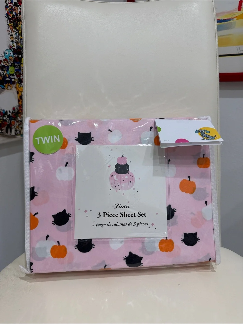 Pink/Black/Orange Halloween Pumpkin & Cat Twin 3-Piece Sheet Set